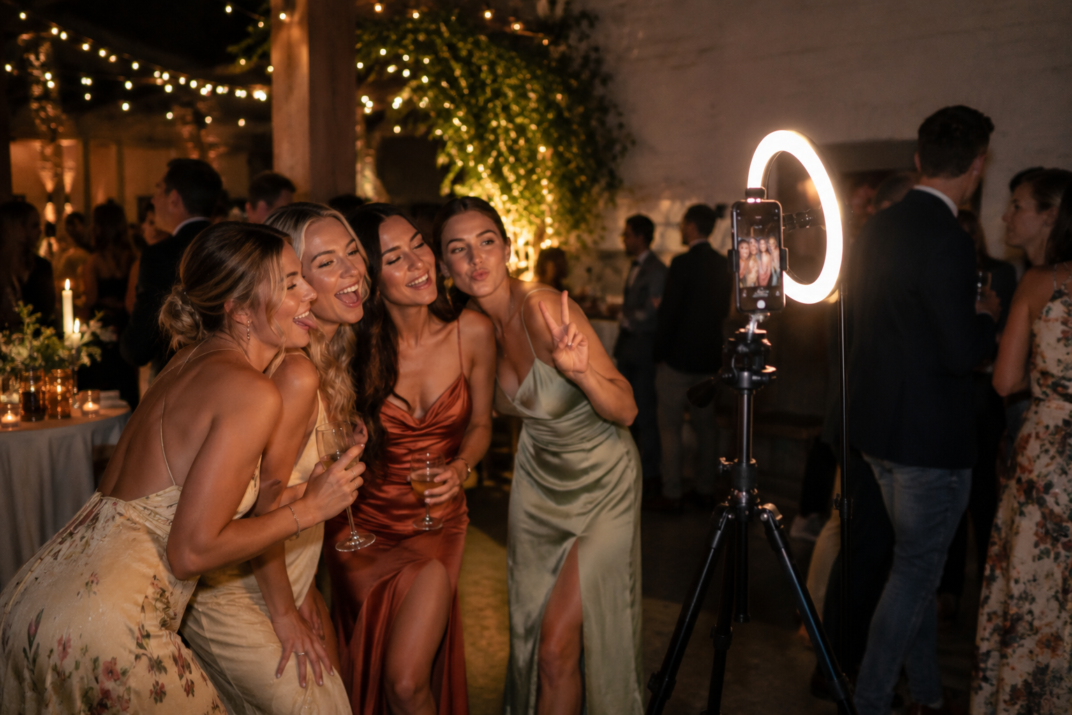Guests posing at an AI photobooth with a ring light and tablet on a tripod