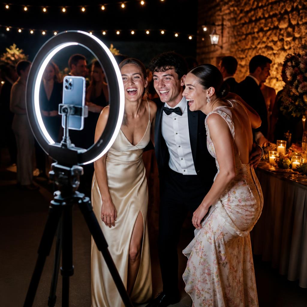 Guests posing in front of a phone on a tripod with a ring light at a wedding