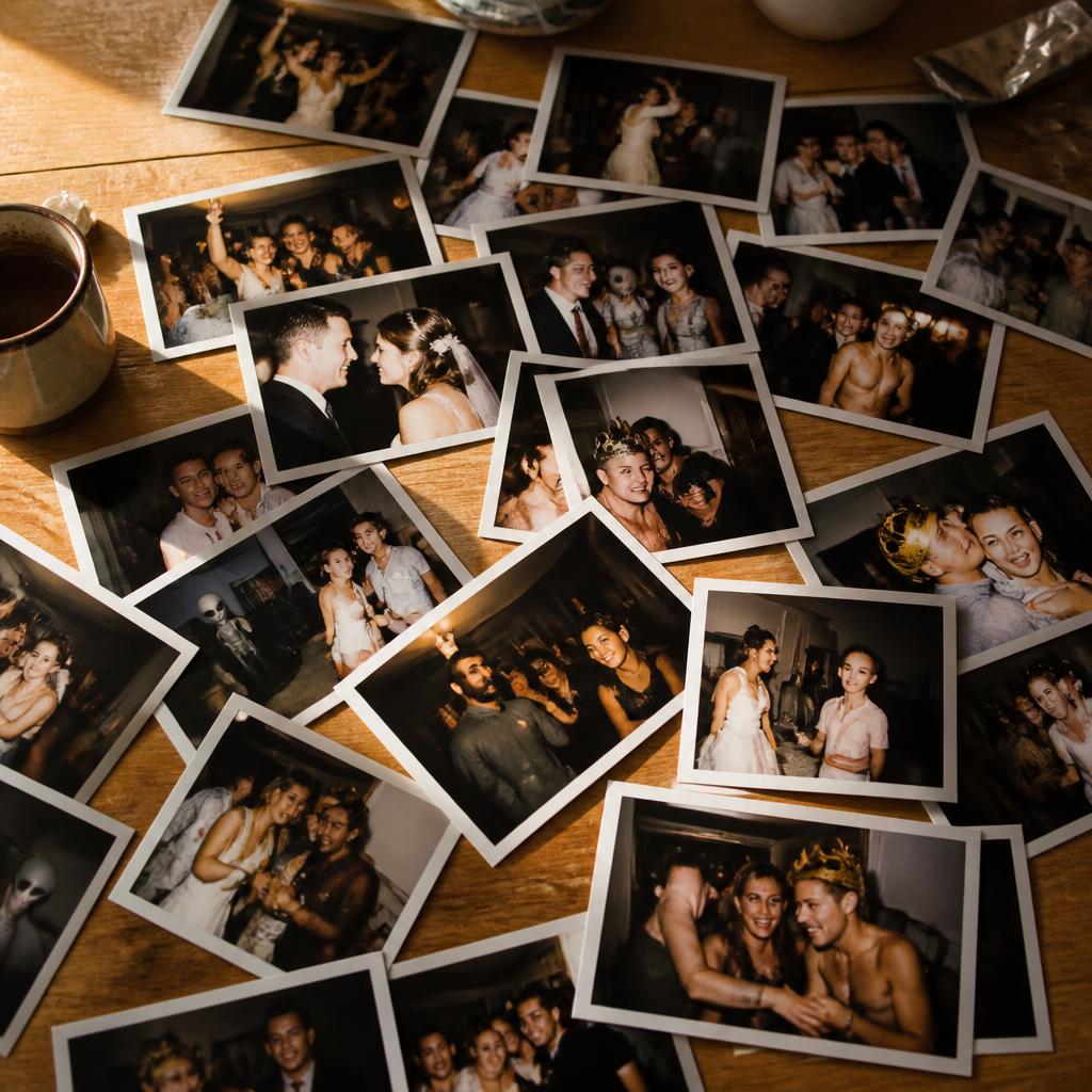 Scattered event photo prints on a wooden table the morning after a party